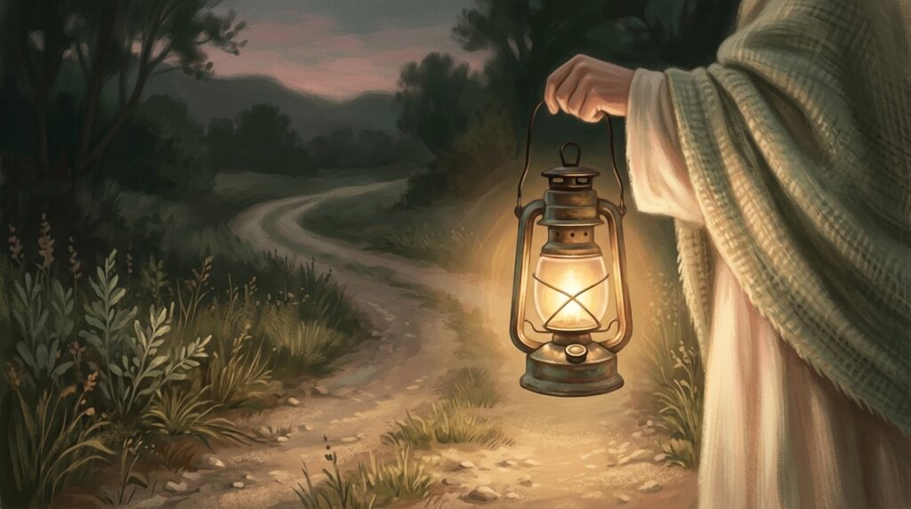 A companion on the journey — a lantern lighting a quiet road at dusk