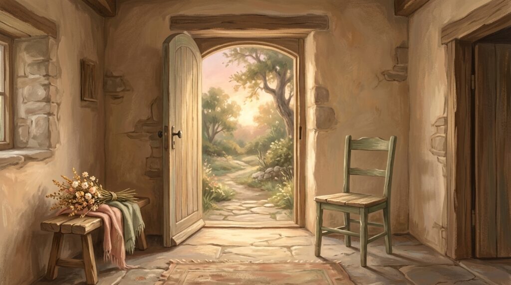 My yoke is sweet and my burden light — soft light through an open doorway, an unburdened threshold