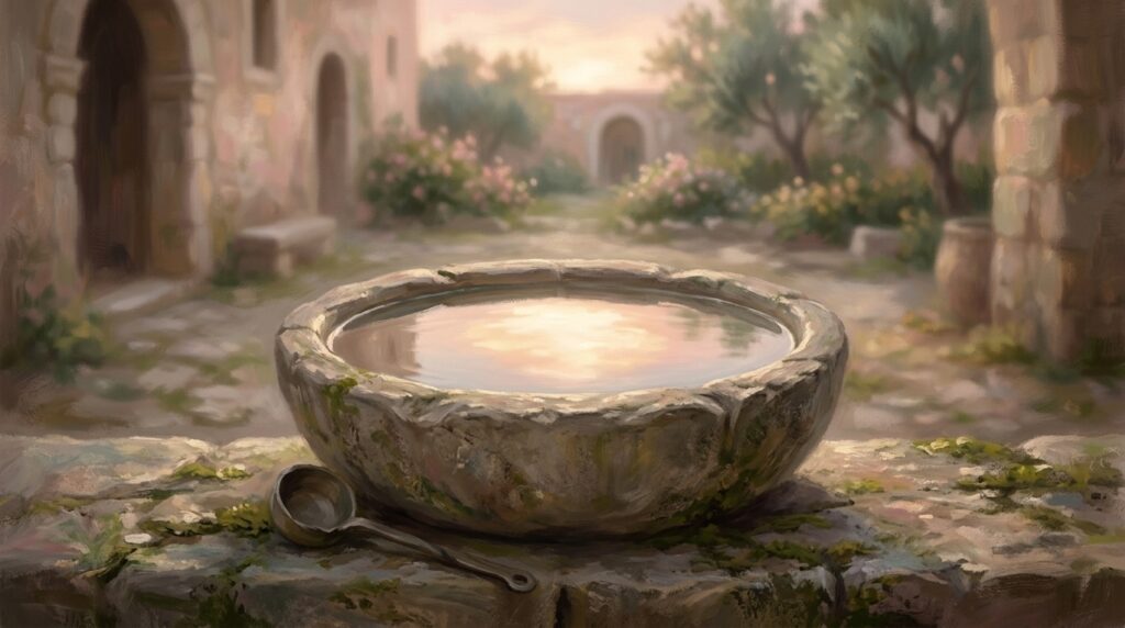 Serve thee with a quiet mind — still water resting in a stone basin