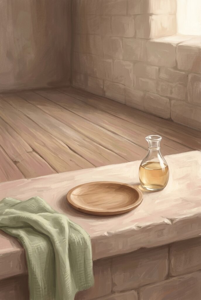 A wooden paten and glass cruet on a bare stone ledge in an empty room, illustrating a green ferial Friday with no saint on the calendar