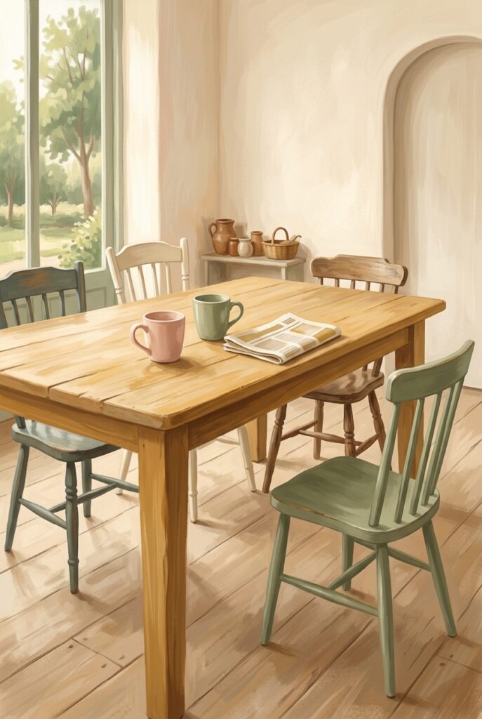 Painterly illustration of a kitchen table at midday with two mugs, a folded newspaper and one chair pulled out from the table