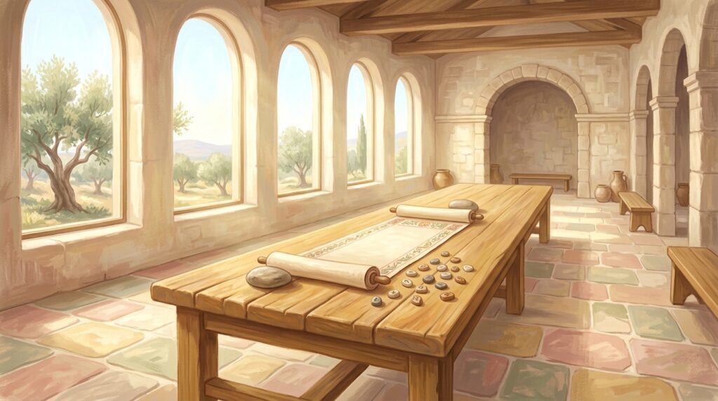 Painterly illustration of an unrolled scroll weighted with stones on a long table in morning light, small carved lots scattered beside it