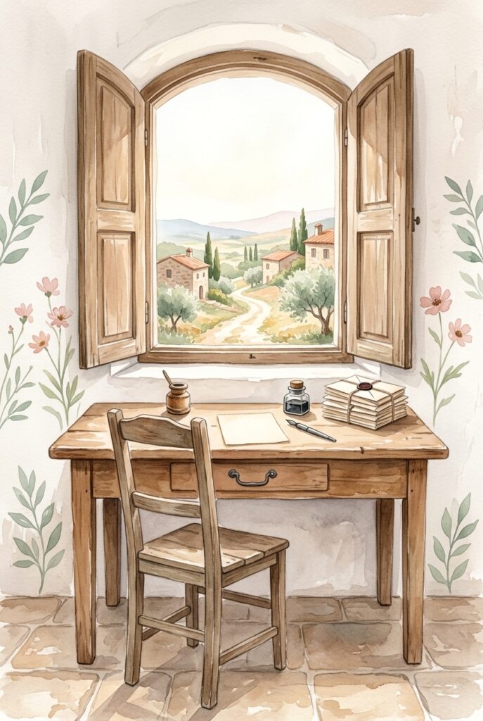 Painterly illustration of a plain writing desk with an inkpot and folded letters, shutters open onto midday light