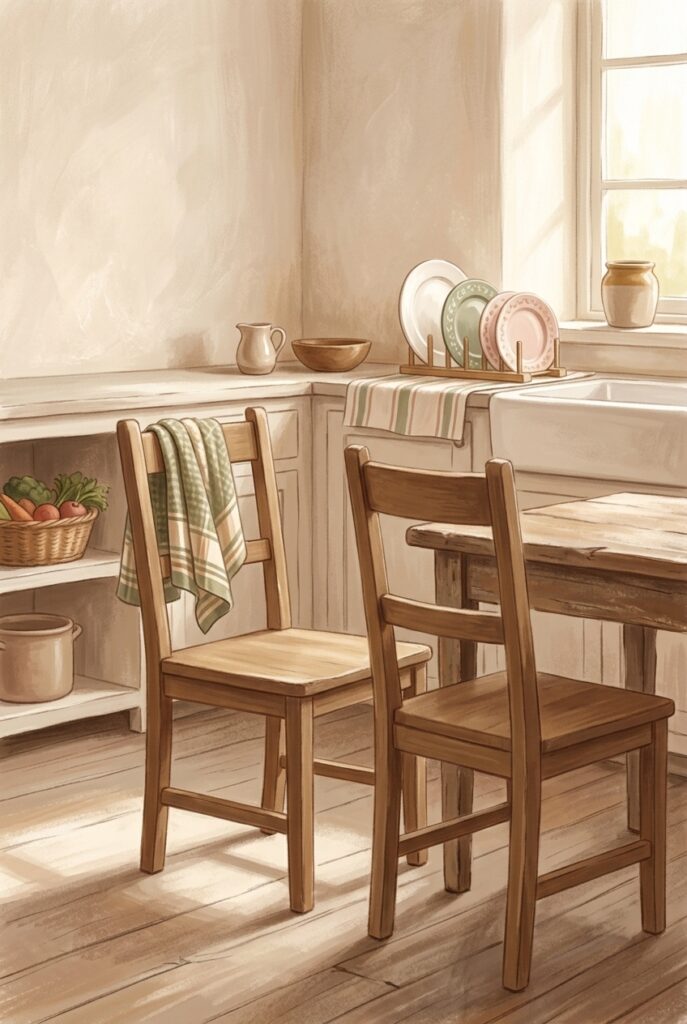 Two kitchen chairs facing each other beside a sink of drying dishes in afternoon light, illustrating company kept without explanation