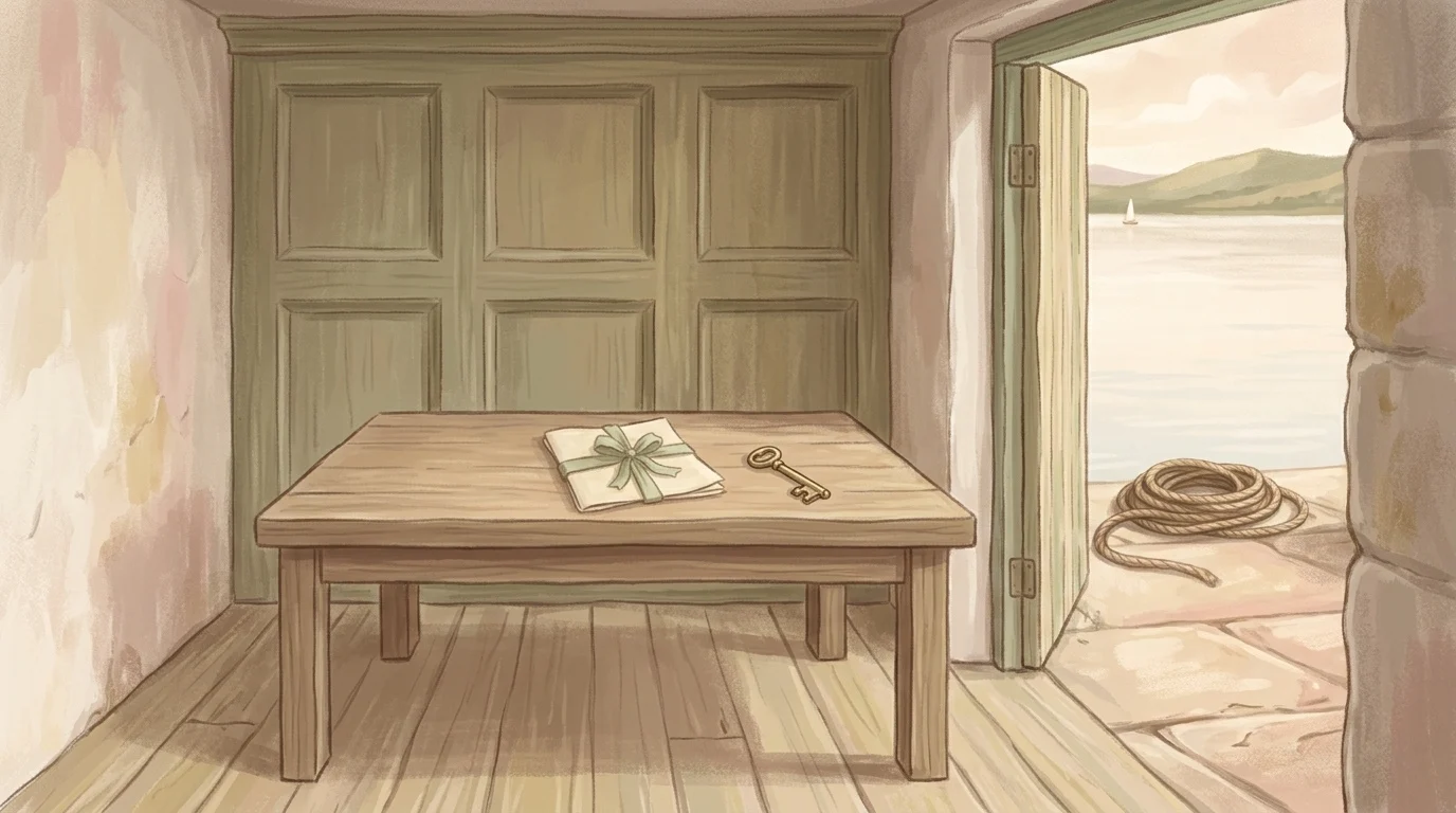 A folded deed of inheritance tied with ribbon and a brass key laid on a plain table in morning light, the standing already granted before anyone earned it, which is what it is to be an heir also through God