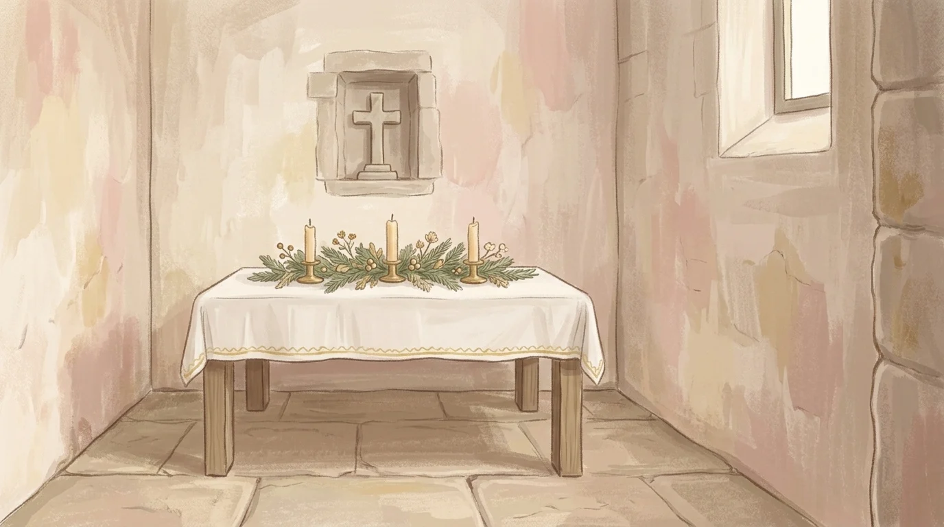 A white and gold side altar decked with evergreen for Christmastide in quiet midday light, a Sunday kept inside the octave of the Nativity, where the Epistle makes us an heir also through God