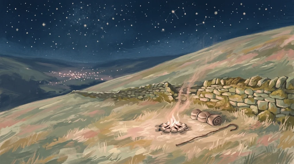 A hillside sheepfold under a starry winter night with a dying fire and a crook laid down, the field where working men were told good tidings of great joy before anyone else in the town