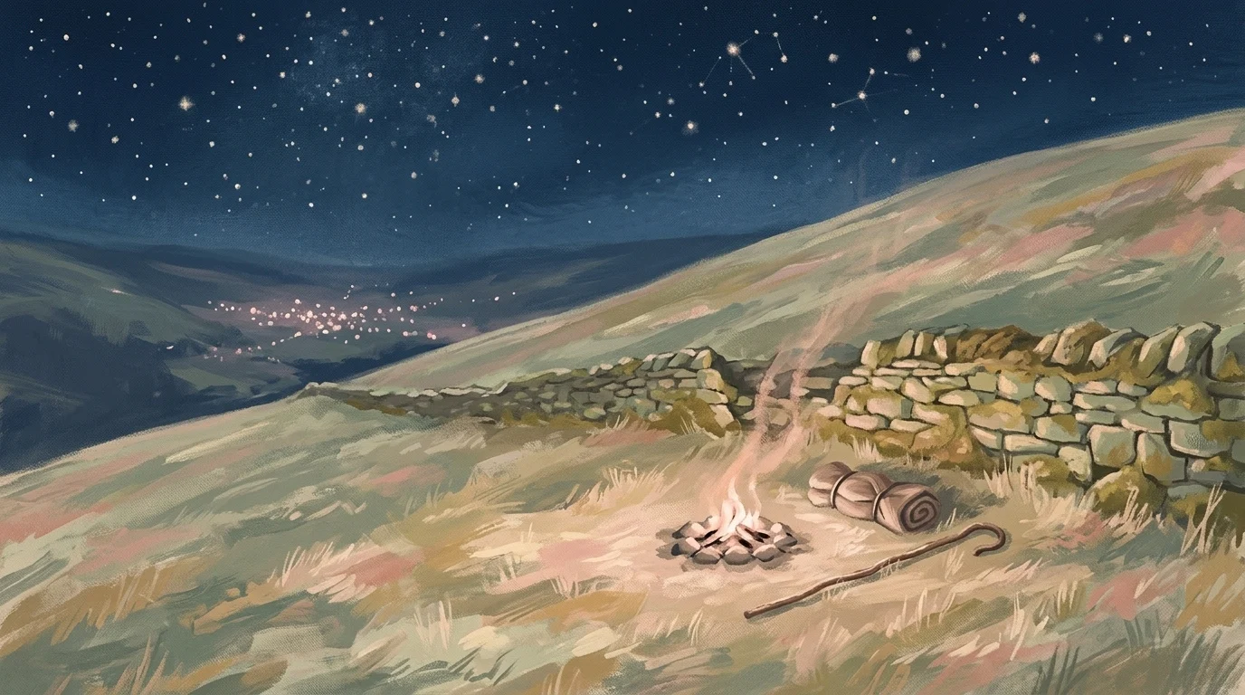 A hillside sheepfold under a starry winter night with a dying fire and a crook laid down, the field where working men were told good tidings of great joy before anyone else in the town