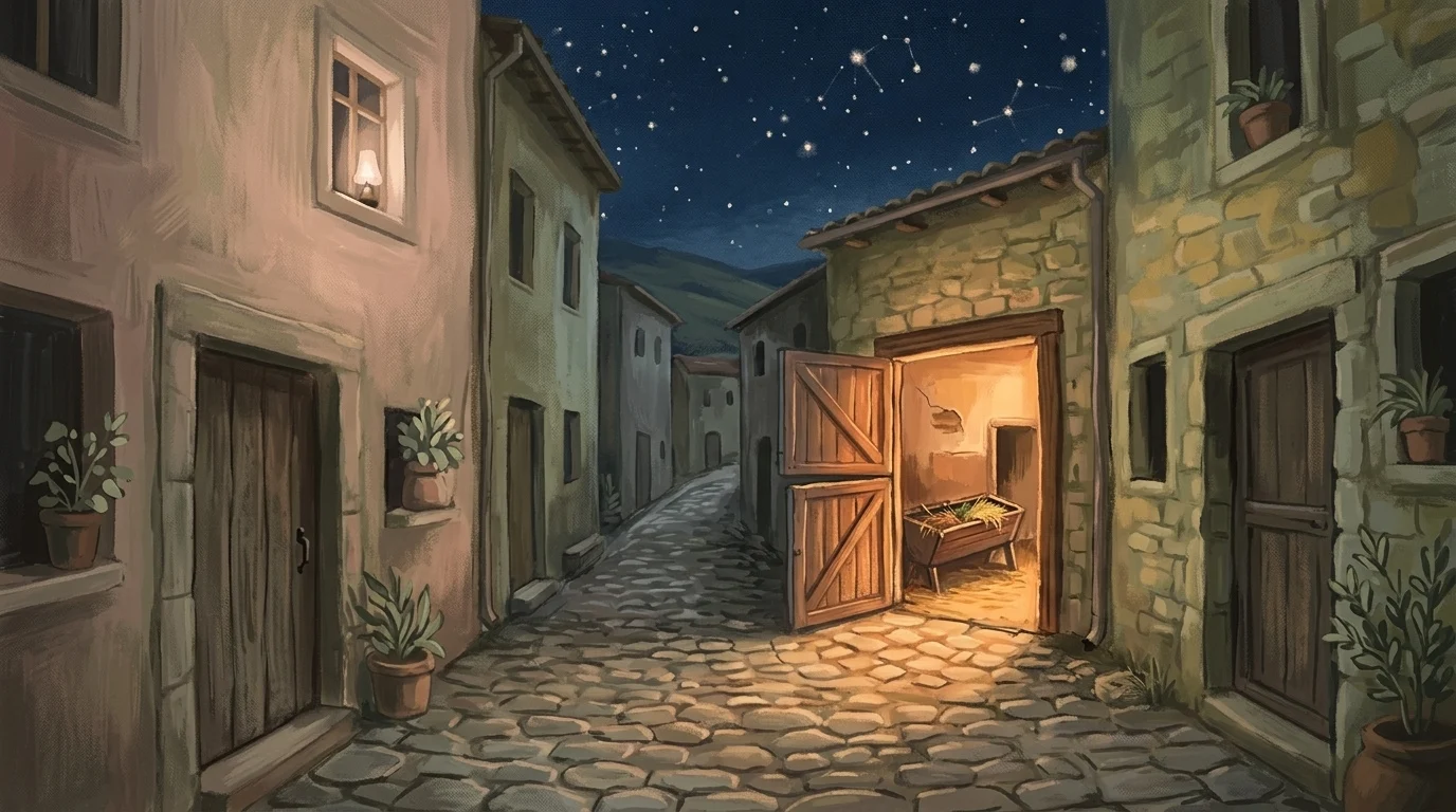 A dark hill-town street with every door shut except a lit stable at the end, the town that had no room and the one door that opened, where good tidings of great joy began