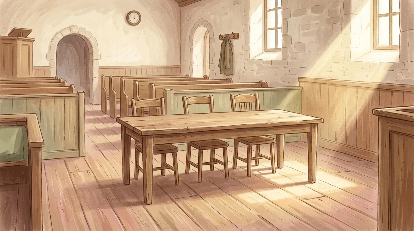 A plain wooden table and empty chairs in daylight, illustrating the judgment promised in Isaias 11:4