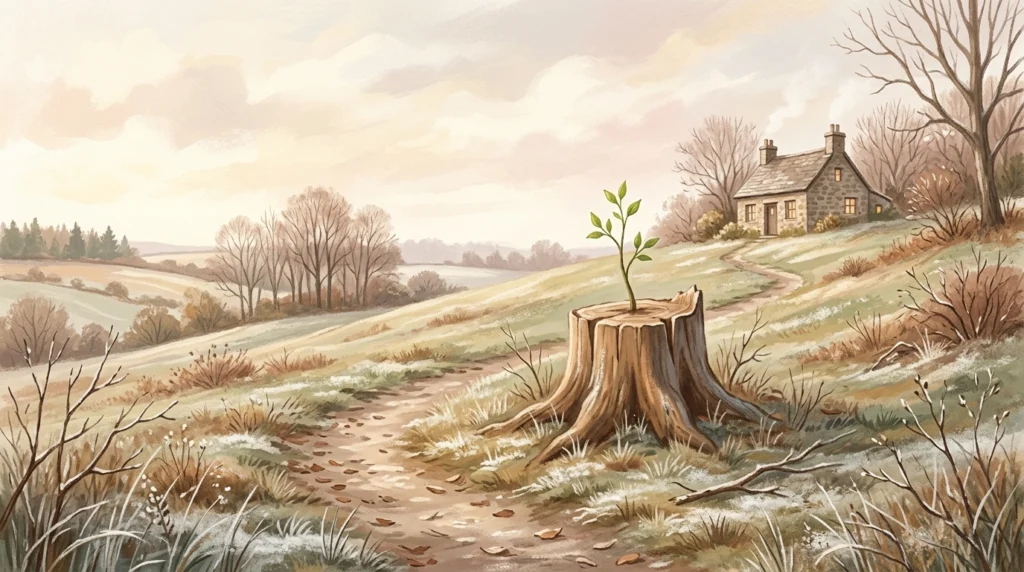 A green shoot rising from a cut stump beside a path leading to a small house, illustrating Isaias 11 on Ember Friday of Advent