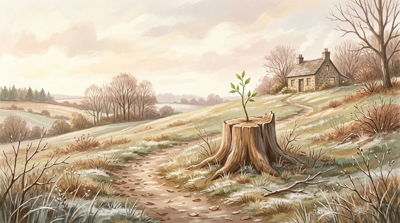 A green shoot rising from a cut stump beside a path leading to a small house, illustrating Isaias 11 on Ember Friday of Advent