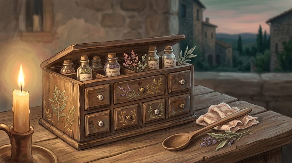 A den of thieves โ an old apothecary's box and spoon resting in warm evening light