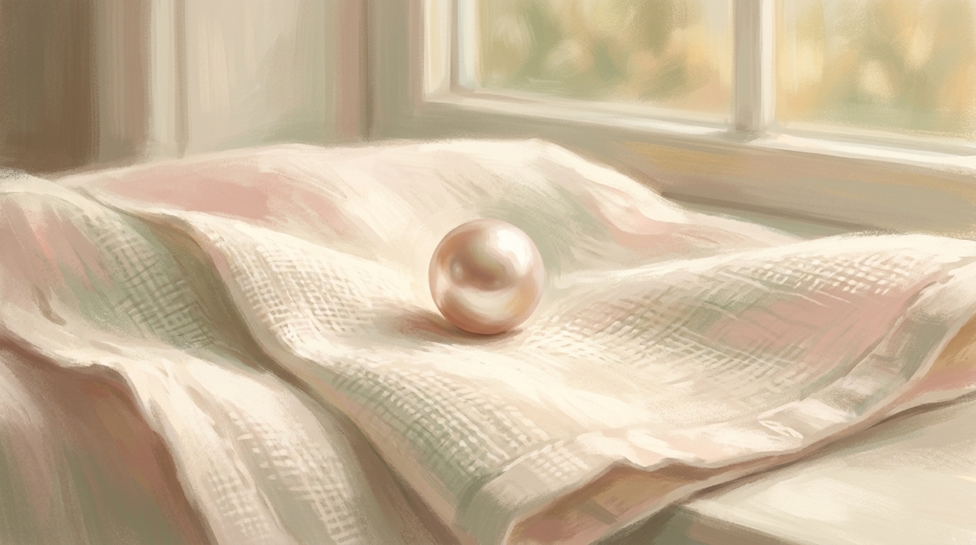 A pearl of great price — a single pearl resting on plain cloth