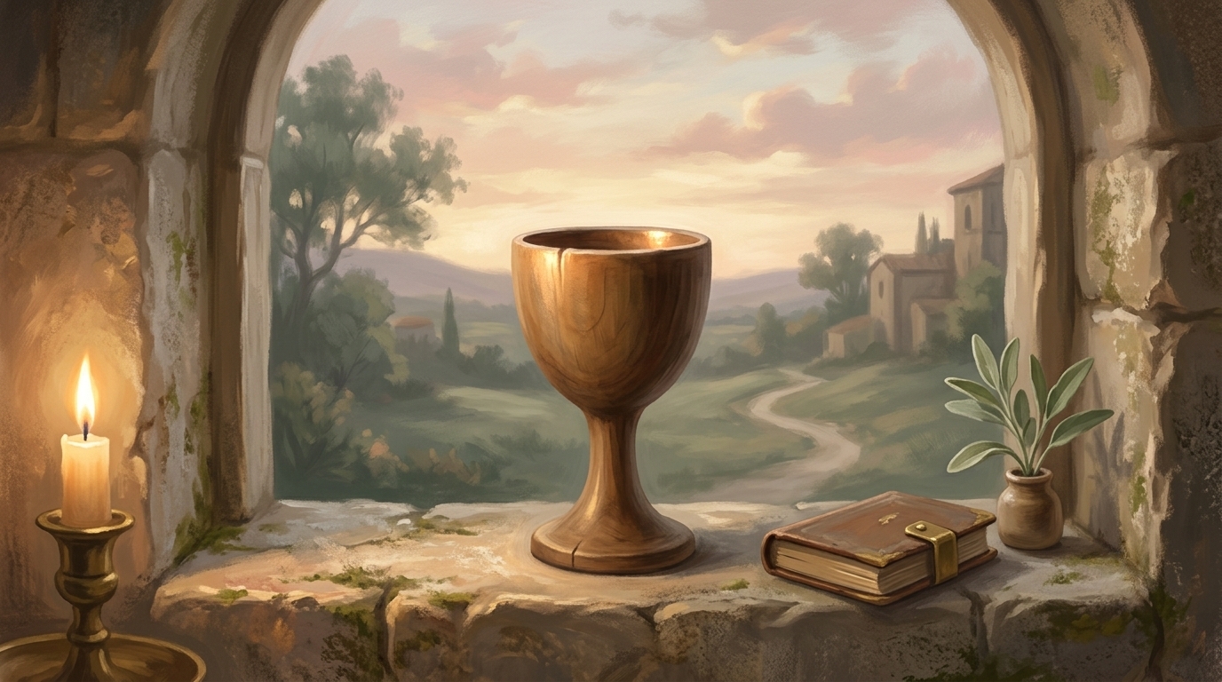 Can you drink the chalice — a plain wooden cup resting in warm evening light