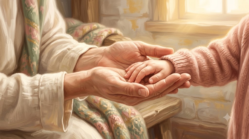 Father of orphans and the poor — open hands welcoming a small child's hand