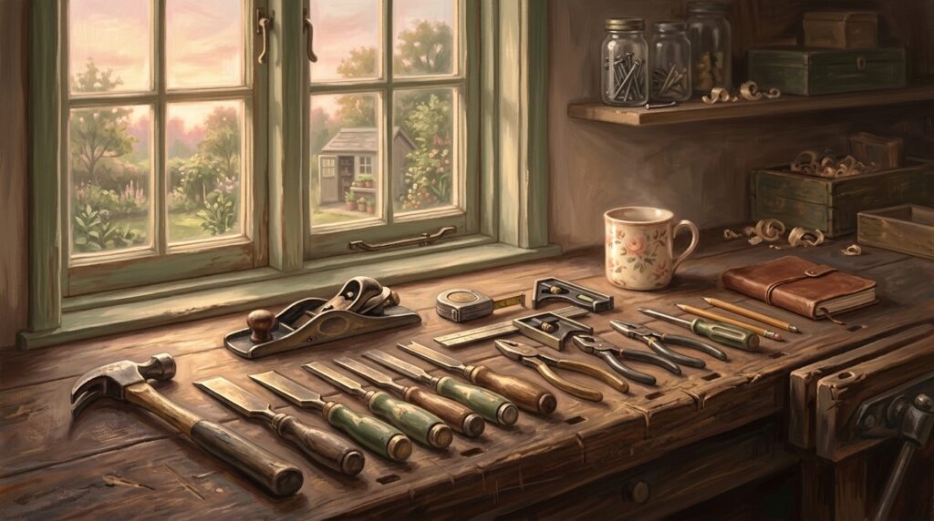 He that stole let him steal no more — a set of worn hand tools laid out on a workbench at sunrise