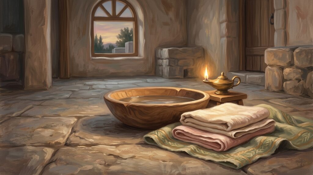 Lording it over — a simple basin and folded towel resting in warm evening light
