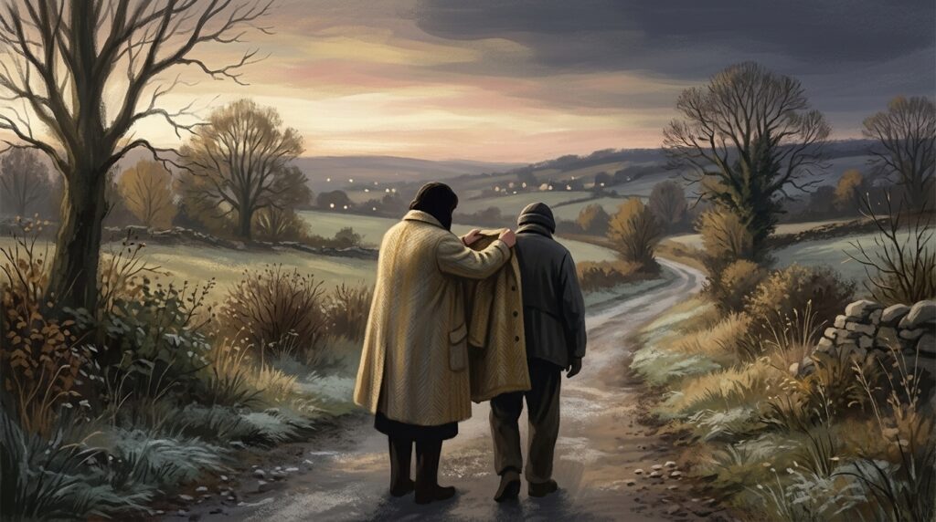 Mercy exalteth itself above judgment — a warm coat set over a stranger's shoulders on a cold road