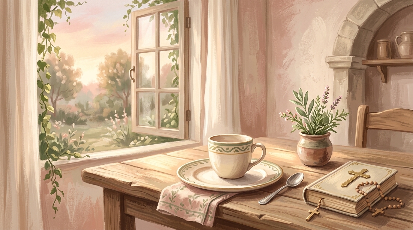 One thing is necessary — a simple table set with a single cup and plate in warm afternoon light