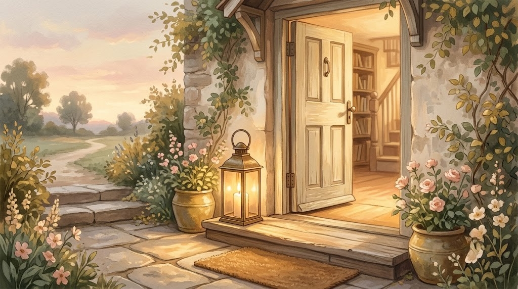 Peace be to this house — a lit lantern set beside an open front door at dusk