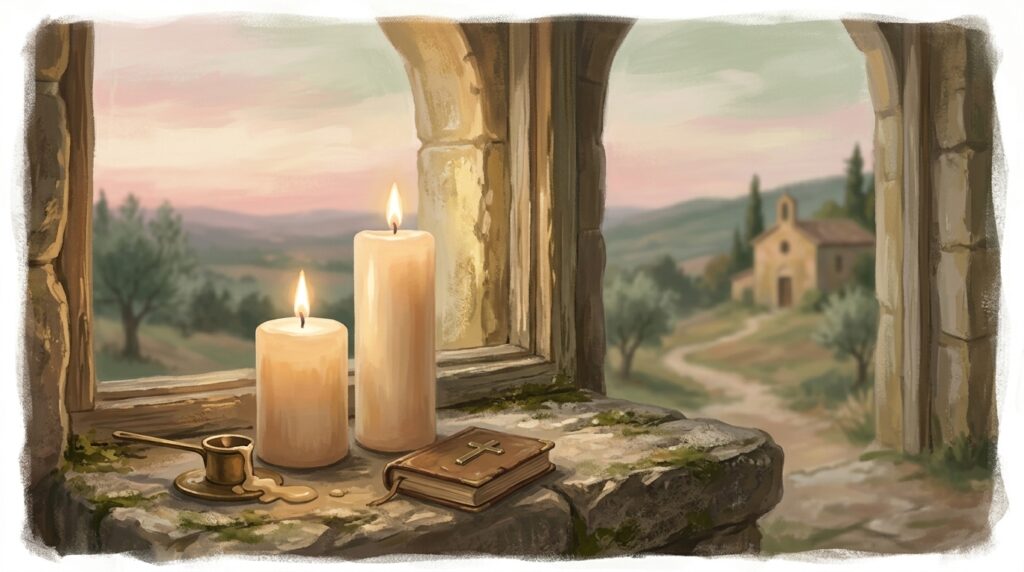Possess your souls — two candles of different heights burning together in warm evening light