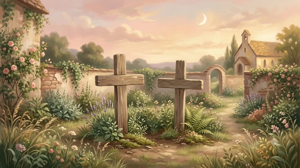 Possessing all things — two simple wooden burial markers standing together in warm evening light