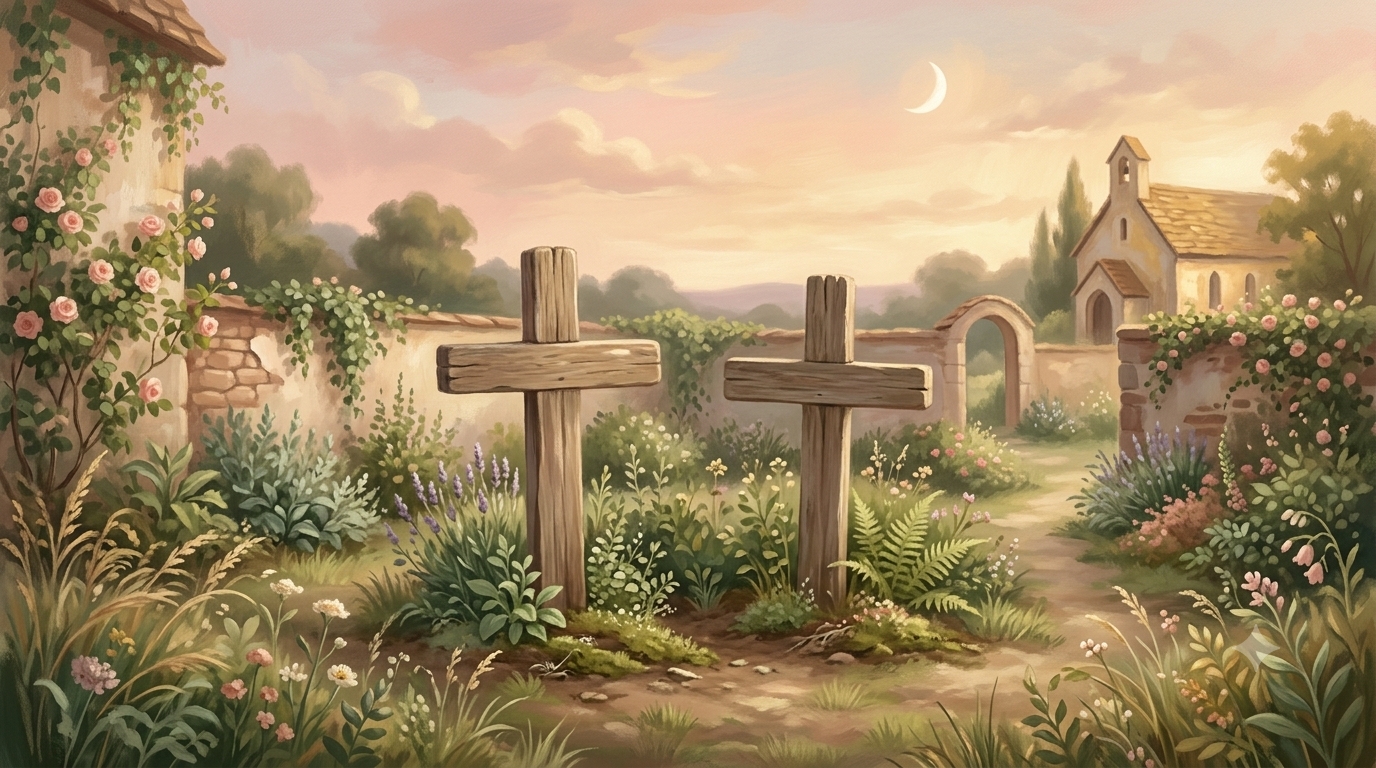 Possessing all things — two simple wooden burial markers standing together in warm evening light
