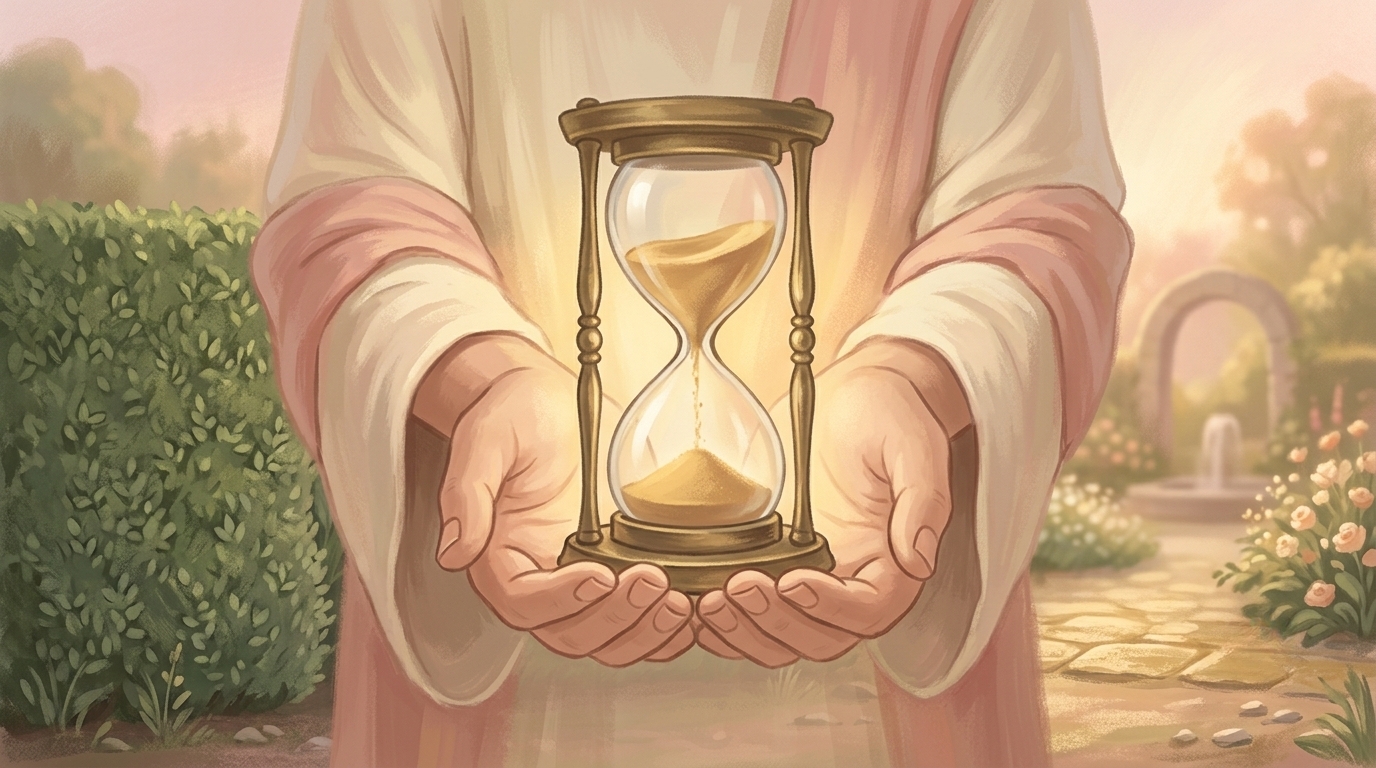 Redeeming the time — an hourglass held gently in open hands