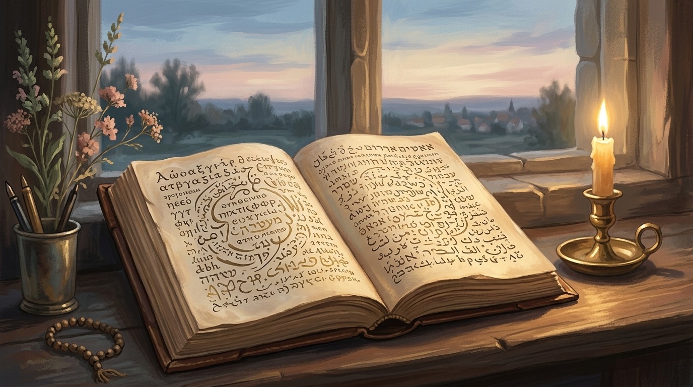 Spirit of wisdom and fortitude — an open book surrounded by many different scripts