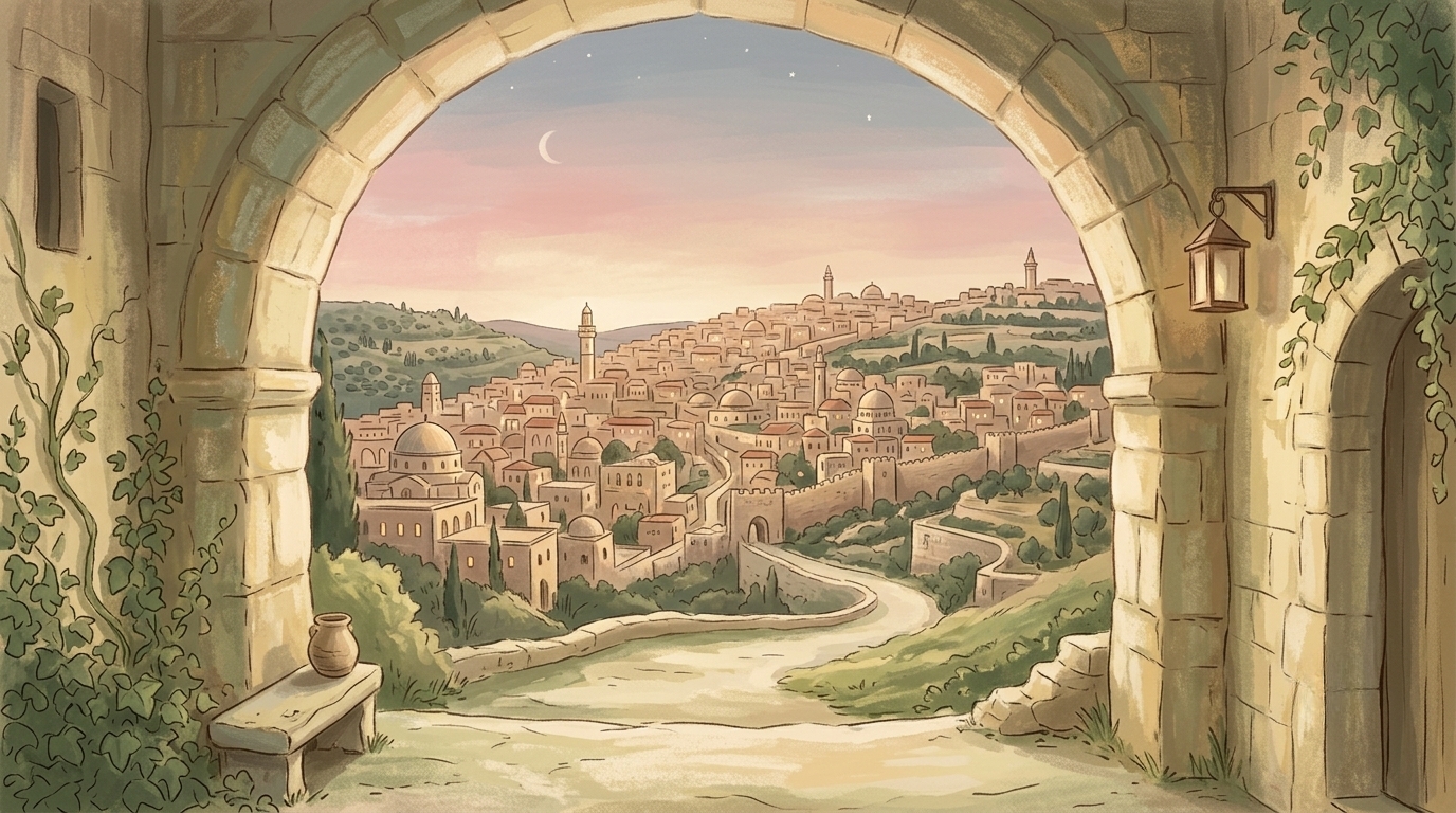 The things that are to thy peace — a distant hillside city at dusk seen through an archway