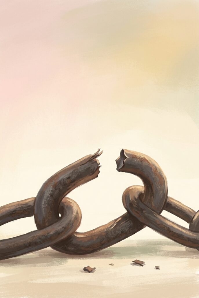 The chains fell off — a single broken iron chain link shown close against soft morning light