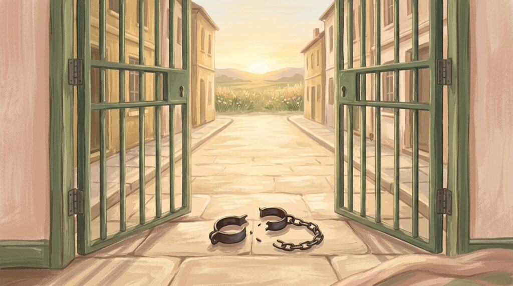 The chains fell off — a broken iron shackle lying open on sunlit stone before an open gate