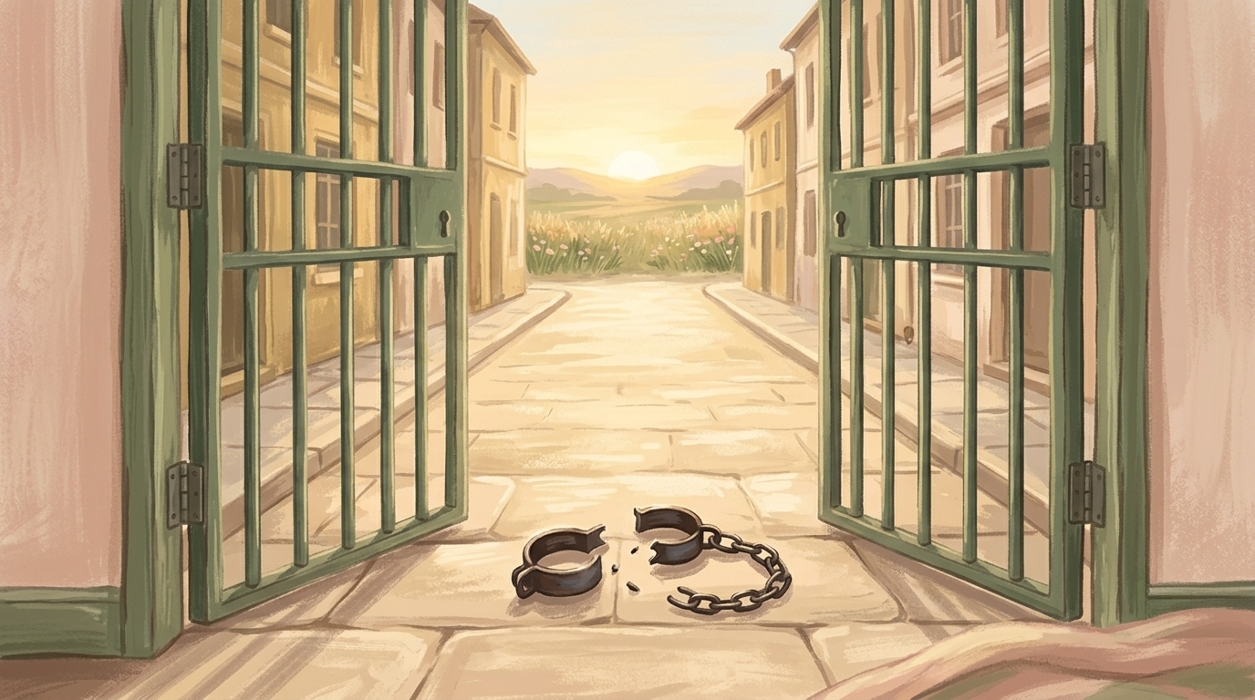 The chains fell off — a broken iron shackle lying open on sunlit stone before an open gate