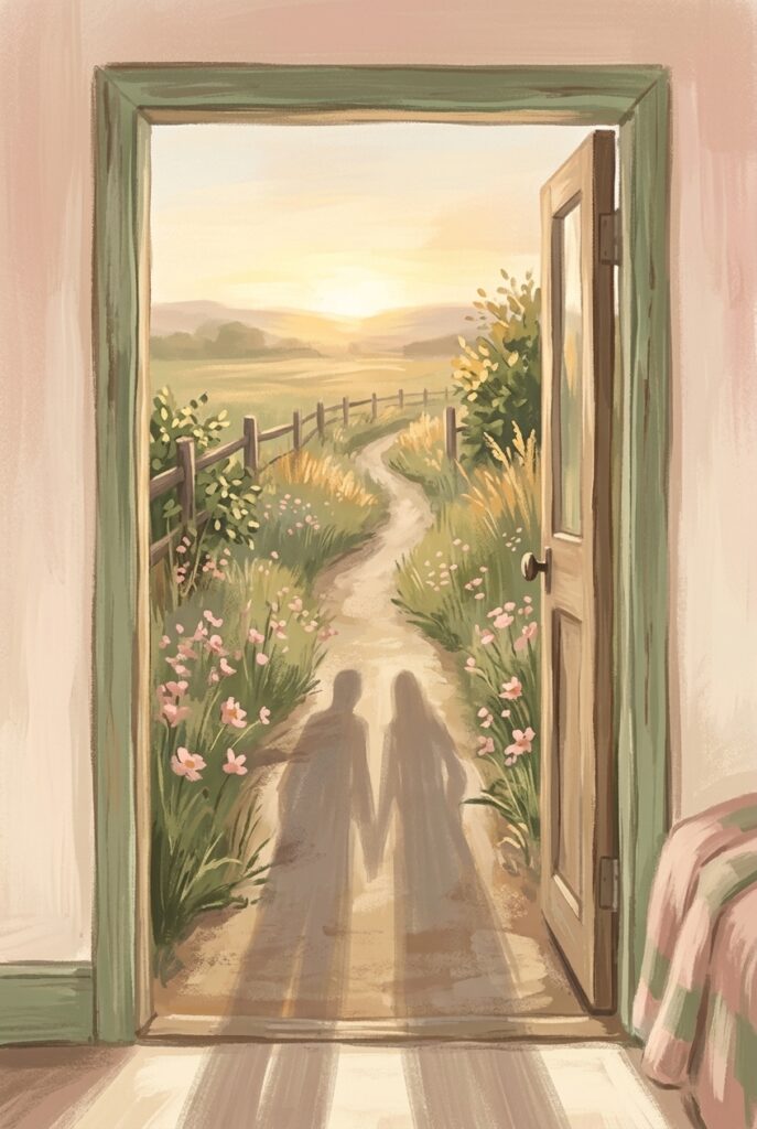The laborers are few — a path leading from a doorway into a sunlit field at dawn
