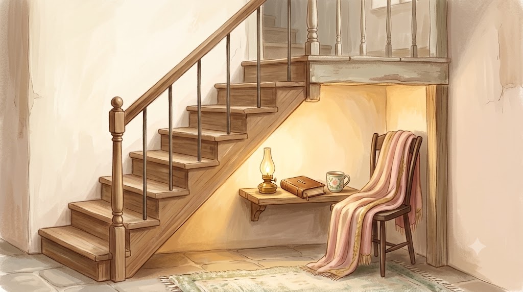Unrecognized by your own family — warm light falling across the space beneath a staircase