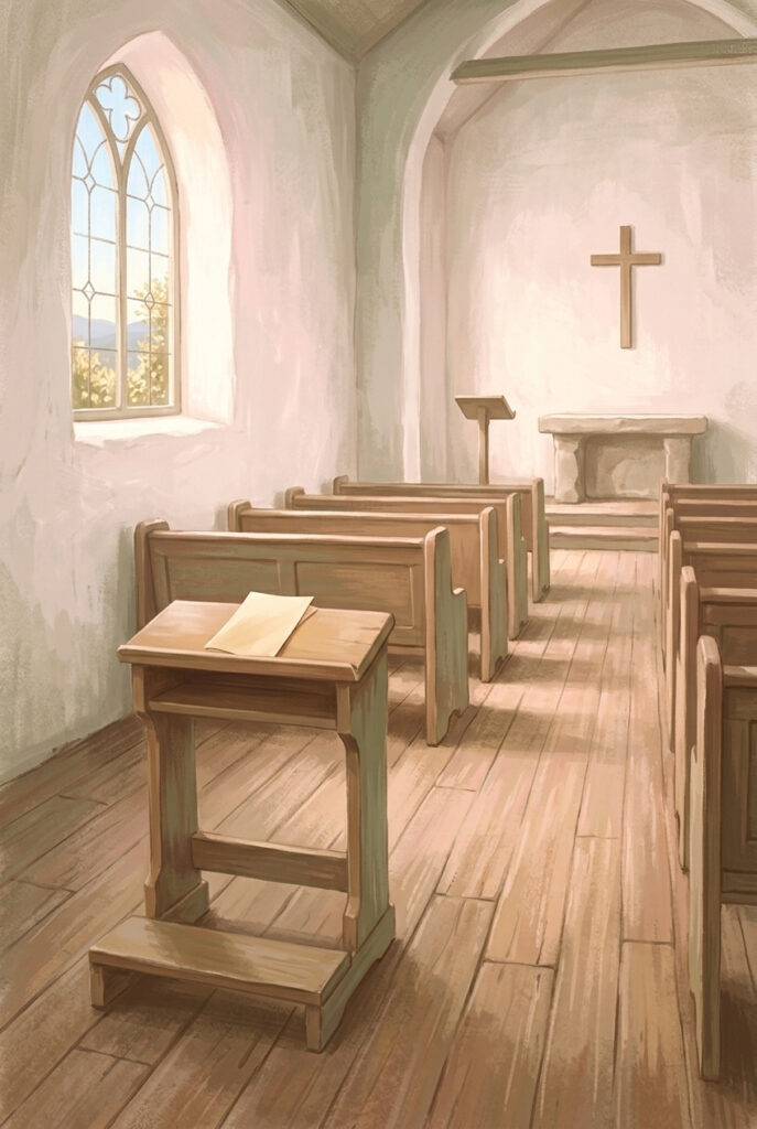 A plain wooden kneeler in an empty daylit chapel with a folded sheet of paper on its ledge
