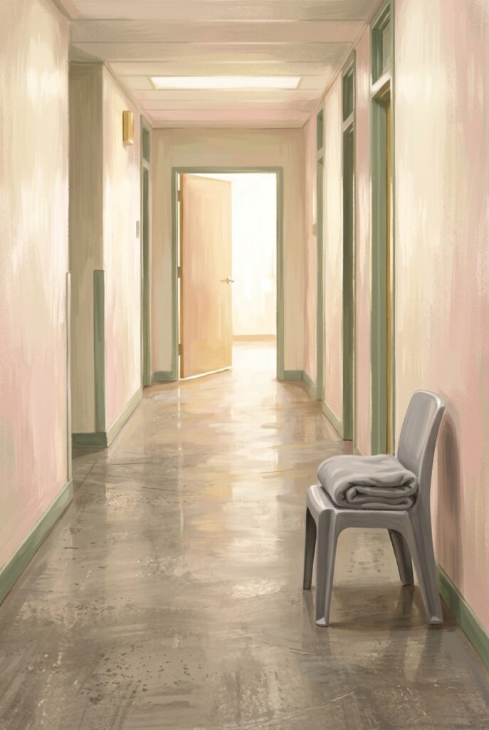 Painterly illustration of a long corridor with one open door at the end flooded with midday light