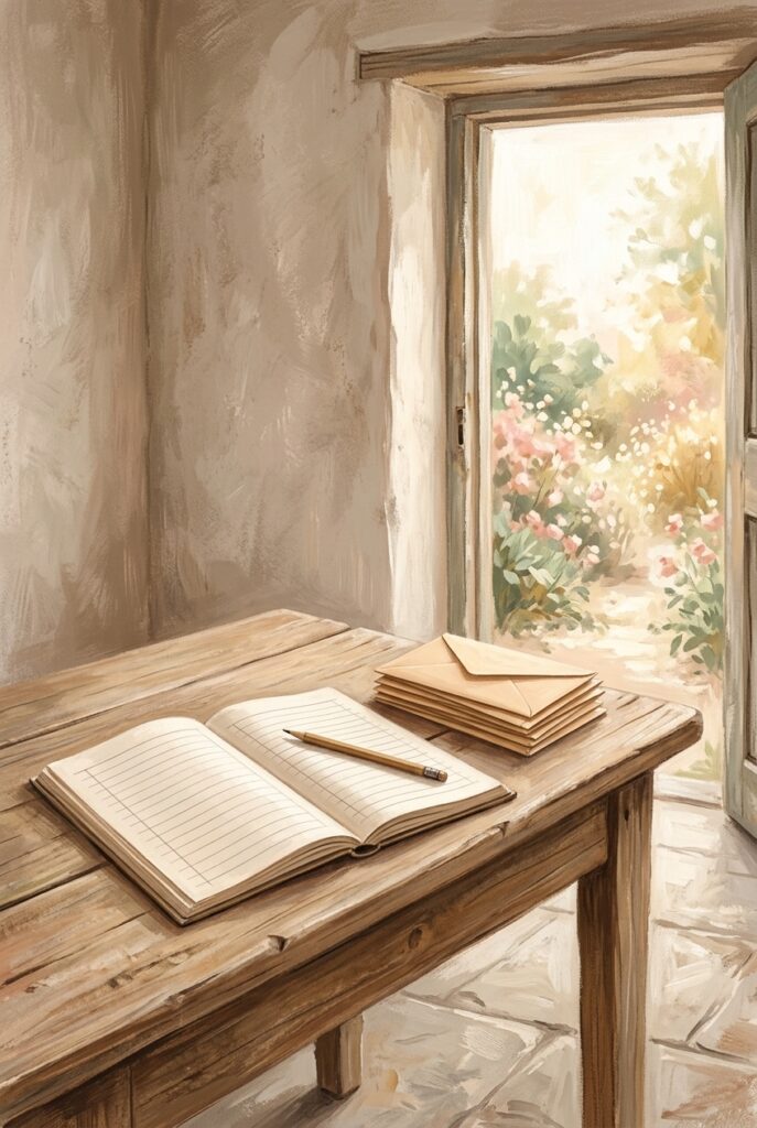 Painterly illustration of an open ledger and unsealed envelopes on a plain wooden table in daylight