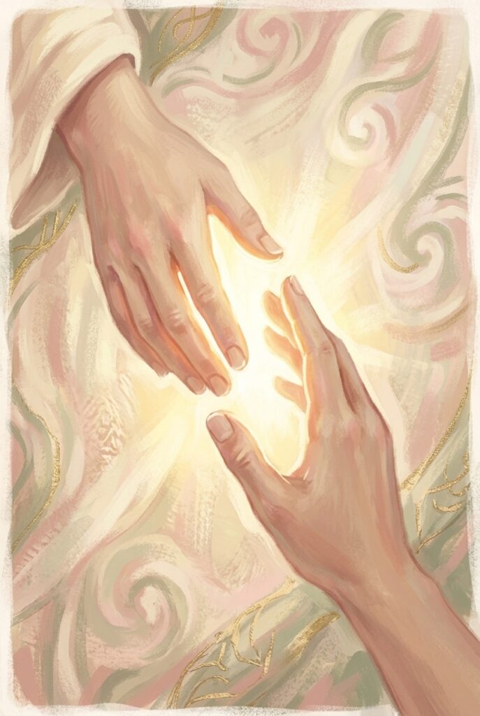 Be thou opened — two hands reaching toward each other in warm light