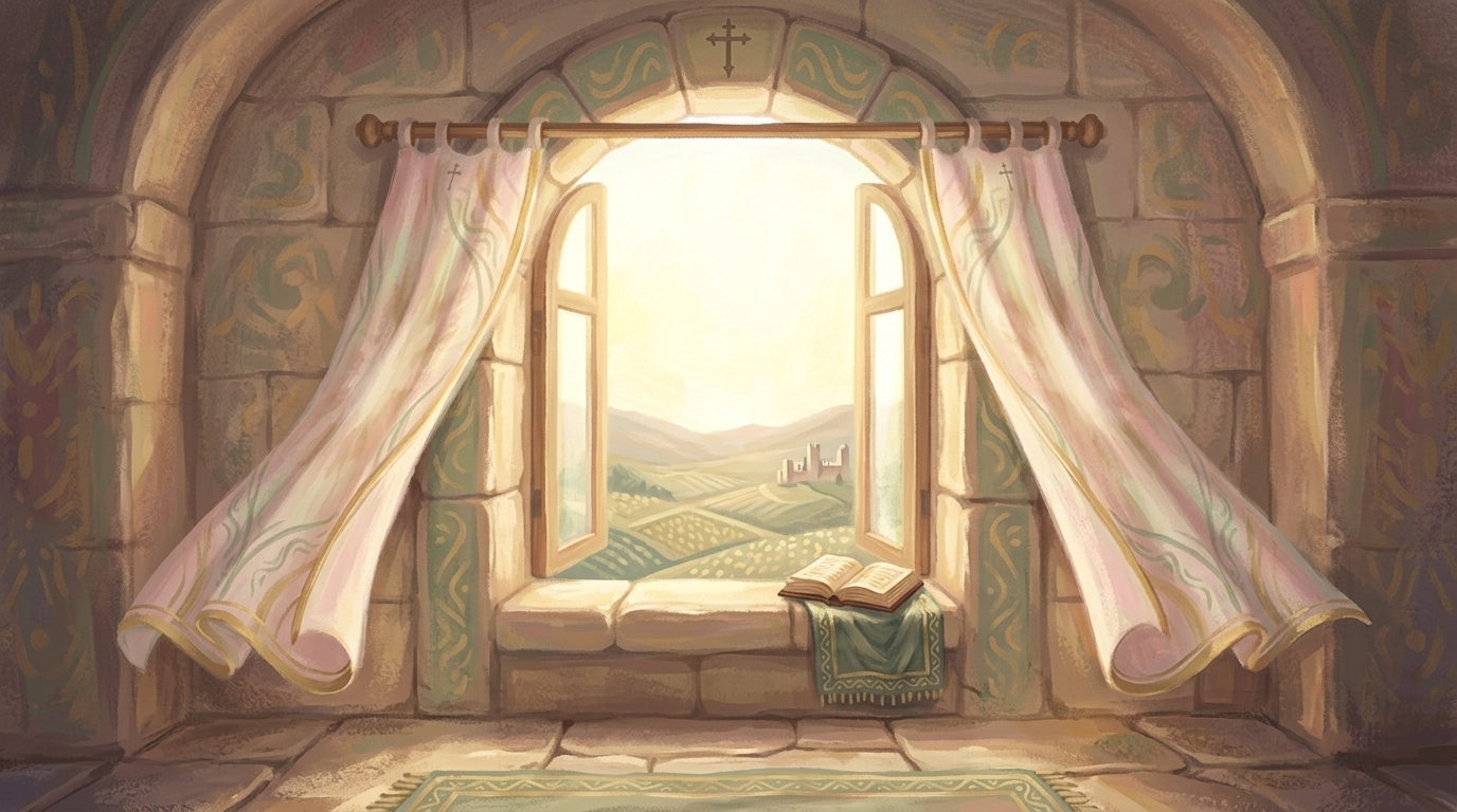 Be thou opened — a wide open window with daylight and softly billowing curtains