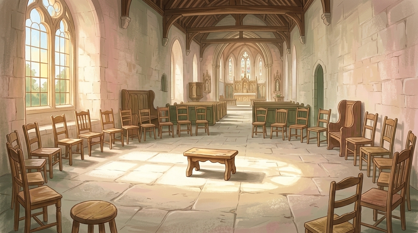 A small low bench alone at the centre of a sunlit hall ringed by taller empty chairs