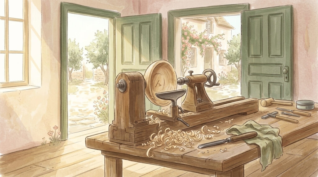 A half-turned wooden bowl left on a lathe in bright daylight, illustrating the promise that God hath begun a good work in you.