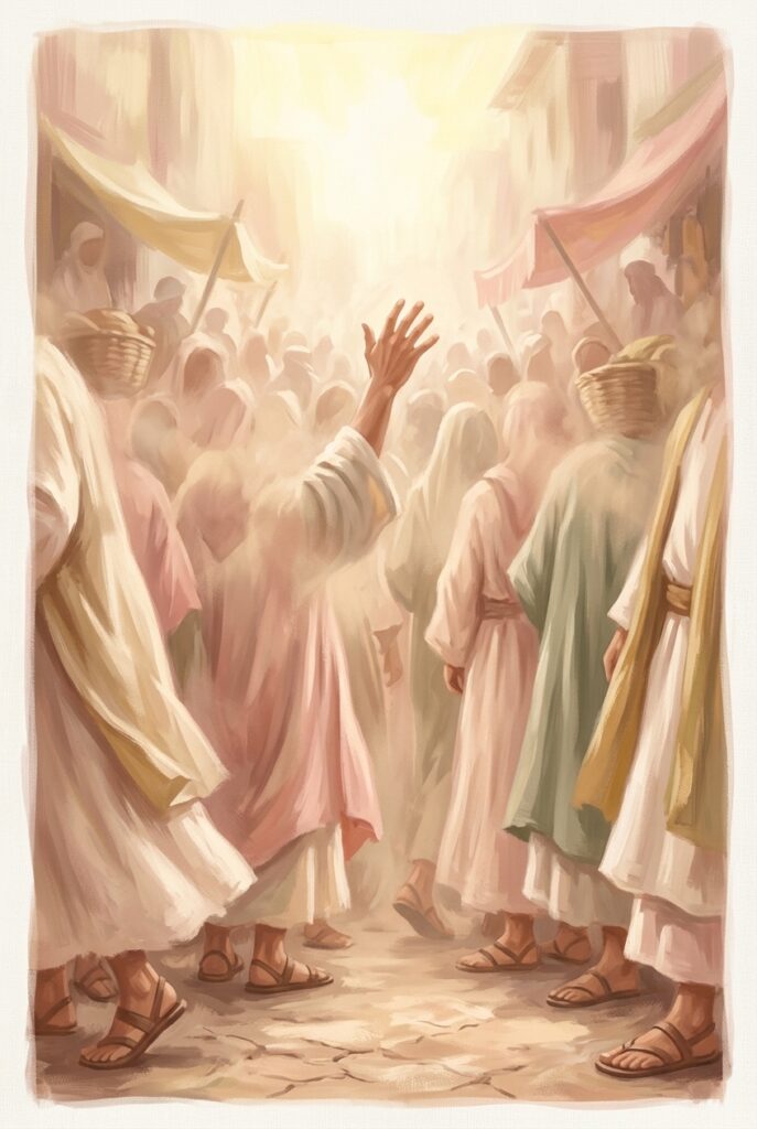 Blessed are they who hear — a raised hand above a crowded sunlit street, no faces shown