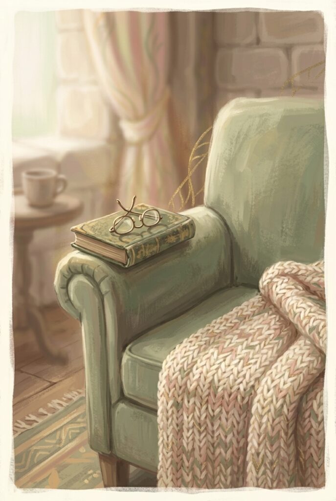 Blessed are they who hear — an old book left open face-down on a worn armchair with reading glasses
