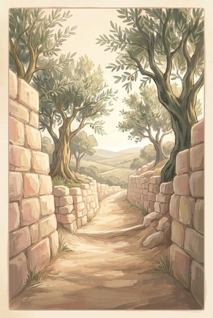 Blessed art thou that hast believed — a steep footpath climbing between stone walls into the hills