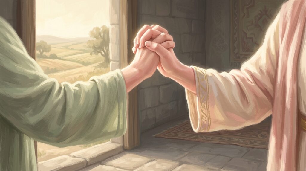 Blessed art thou that hast believed — two women's hands clasped in a sunlit stone doorway