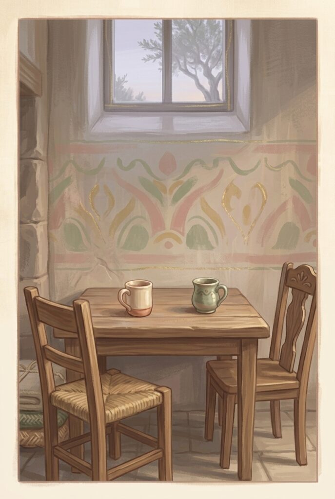 Blessed art thou that hast believed — two empty mugs and pulled-out chairs at a small kitchen table