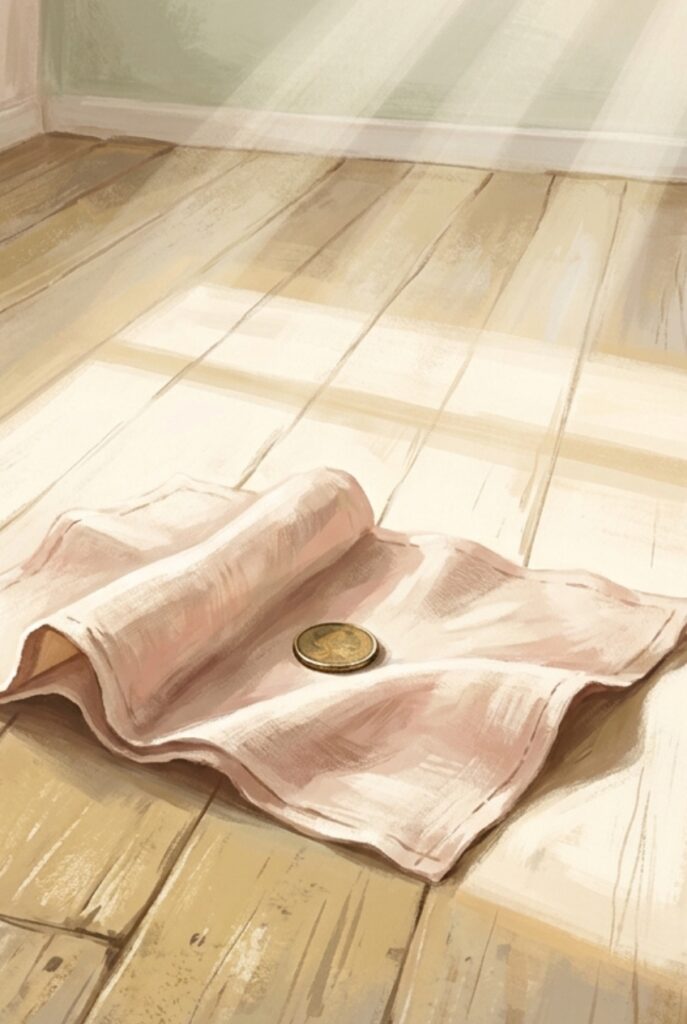 An open linen napkin on a sunlit wooden floor with a single small coin in its fold