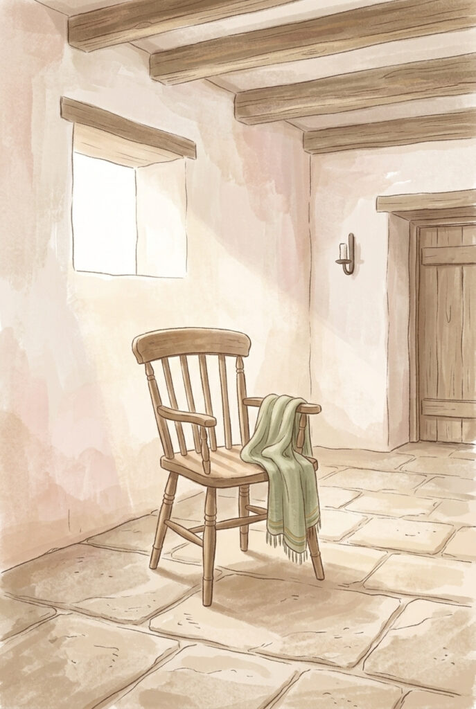 A plain wooden chair standing empty in a bare whitewashed room in daylight